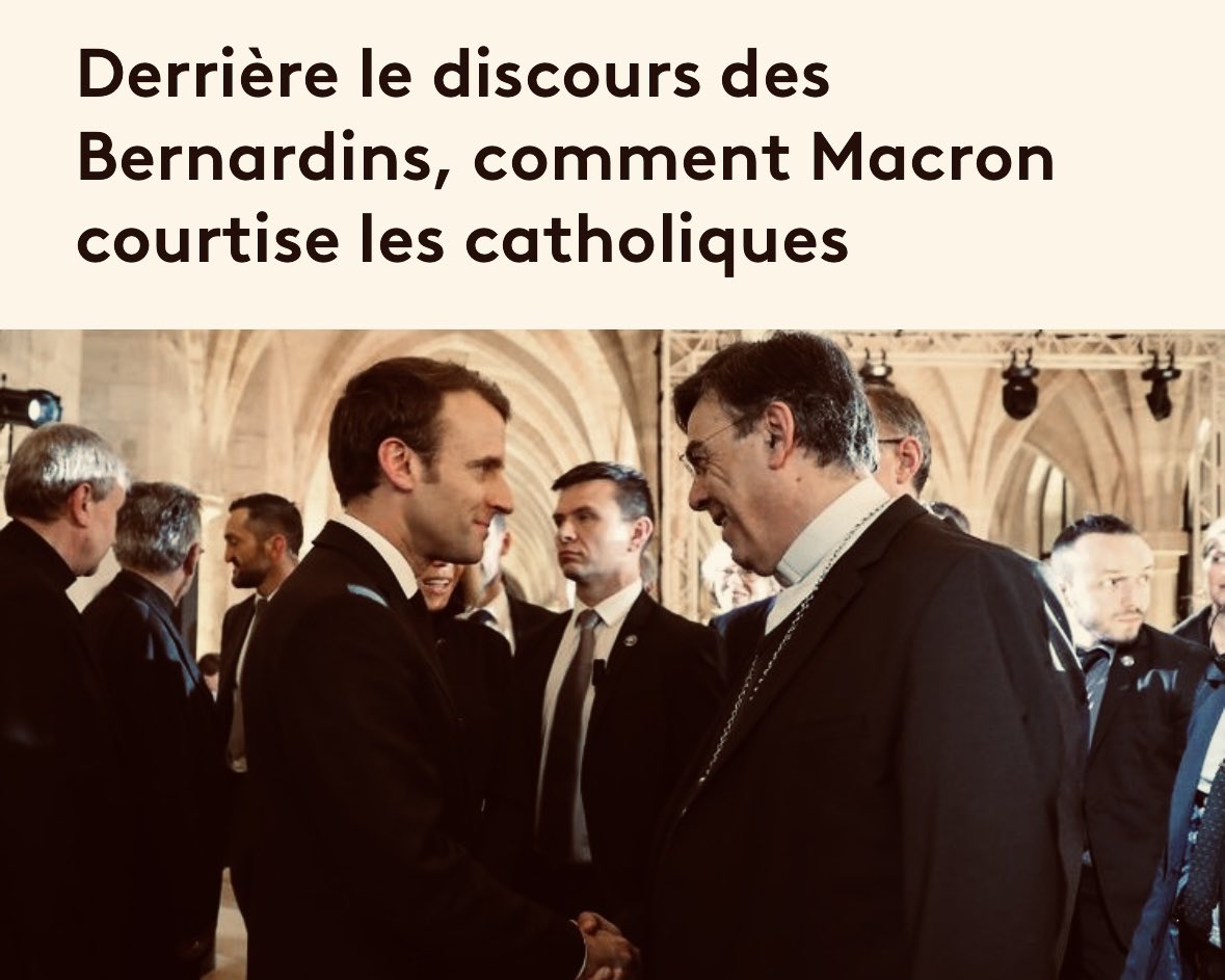 denisquinqueton's tweet photo. Discours de Macron au collège des #Bernardin (2018) où il est question du « lien abîmé » « entre l’Église et l’État, notamment autour du Mariage PourTous, qu’il faudrait « réparer ».
2/6
👉 https://t.co/QHrsUeTnaR https://t.co/tTBUFp5jtk