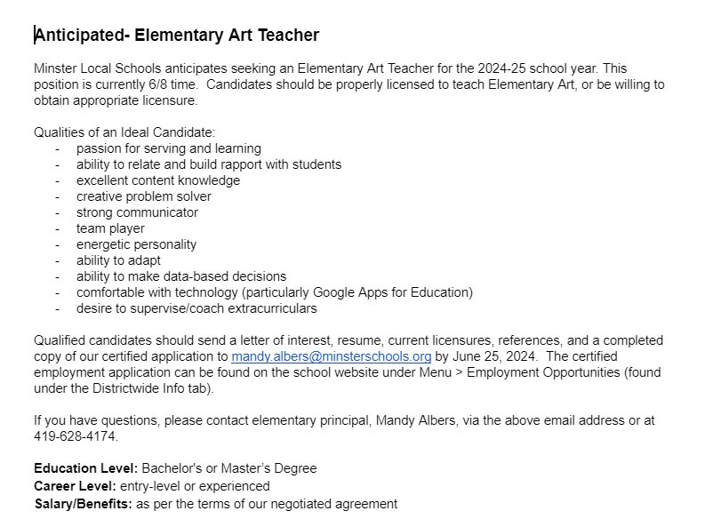 MinsterSchools's tweet image. Come join our team! 
Anticipated Elementary Art Position. All shares are appreciated! 🐾