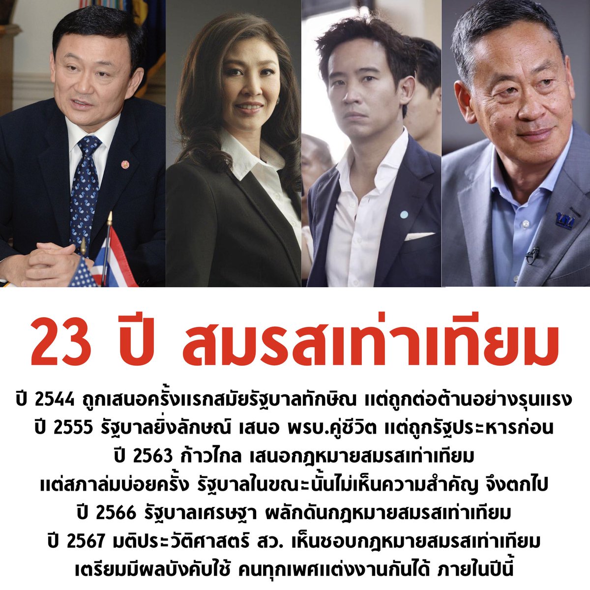 เส้นทาง 23 ปี #สมรสเท่าเทียม ถูกเสนอครั้งแรกสมัยนายกทักษิณ แต่ถูกต่อต้านแรง และถูกเสนออีกครั้งสมัยนายกยิ่งลักษณ์ แต่ถูกรัฐประหารก่อน

สภาชุดที่แล้วก้าวไกลยื่นสภา ก็ถูกละเลยโดยรัฐบาล ก่อนจะสำเร็จในรัฐบาลเศรษฐา

ขอบคุณทุกพรรค ทุกภาคส่วนที่ผลักดันเรื่องนี้ตลอด 23 ปี จนสำเร็จครับ 🏳️‍🌈
