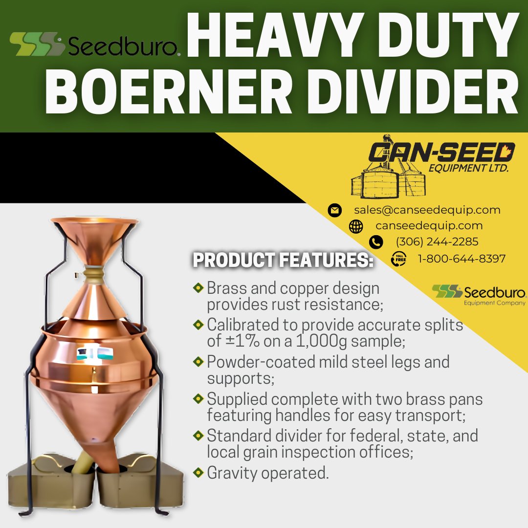 Providing equipment for seed cleaning and grading.
The standard divider for all federal, state, and local grain inspection offices, the Seedburo Boerner Divider is built to meet USDA-FGIS specifications for all official inspections. Gravity operated, the sample is placed into the