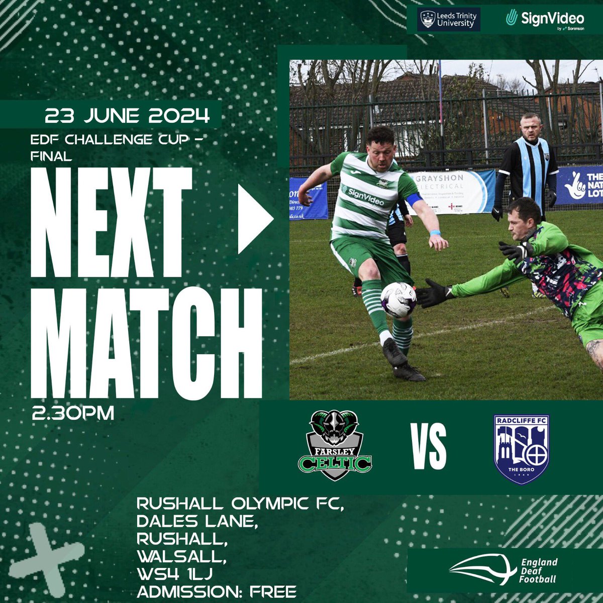 The 2nd of 3 finals in June…. This time its the <a href="/edf_football/">England Deaf Football</a> challenge cup final against Radcliffe DFC.

Let hope we keep our winning streak going and secure our 3rd title so far this season. 2 more finals to go! 

VAMOS!