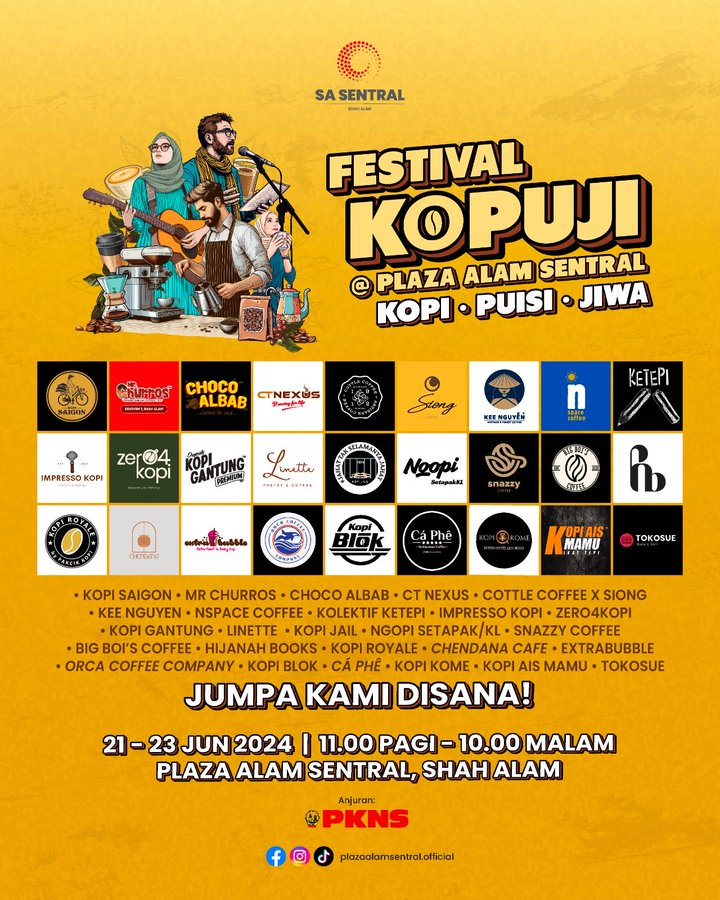 Cddlevi_'s tweet photo. Gila2 punya coffee brand yang datang dekat KOPUJI:

- Kopi Saigon
- Kopi Gantung
- Kopi Ais Mamu 
- Kopi Kome

Member2 yang kaki coffee tu boleh la korang bawak dia datang sini, puas hati semua local ada ☕️

#KOPUJI #FESTIVALKOPUJI #PLAZAALAMSENTRAL https://t.co/d44v4CLMYc