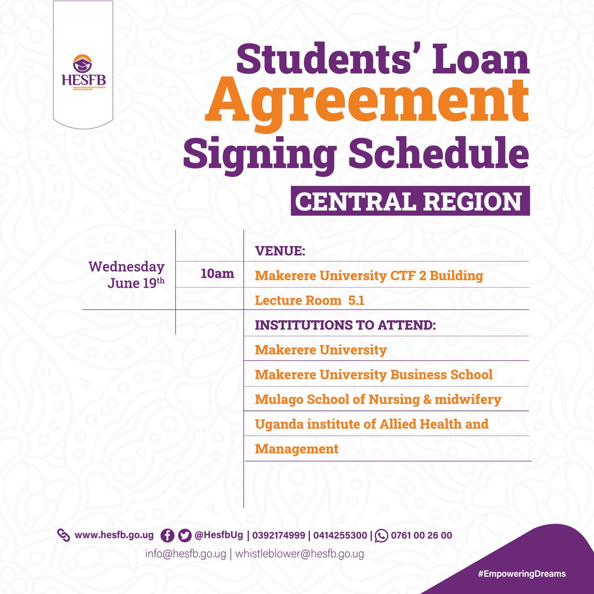 📢📢 𝐏𝐥𝐞𝐚𝐬𝐞 𝐍𝐨𝐭𝐞: Tomorrow Wed, June 19; <a href="/Makerere/">Makerere University</a> <a href="/OfficialMubs/">Makerere University Business School</a> <a href="/MulagoSchool/">Mulago School of Nursing and Midwifery</a> <a href="/EyesOnUIAHMS/">Eyes On UIAHMS</a> will be convening at <a href="/Makerere/">Makerere University</a> CTF 2, Lecture Room 5.1 for #StudentLoans2024 Agreement Signing

<a href="/Educ_SportsUg/">Ministry of Education and Sports - Uganda</a> <a href="/GCICUganda/">Government Citizen Interaction Centre</a> <a href="/UgandaMediaCent/">Uganda Media Centre</a> <a href="/GovUganda/">Government of Uganda</a> <a href="/Parliament_Ug/">Parliament of Uganda</a> <a href="/pwatchug/">Parliament Watch</a>