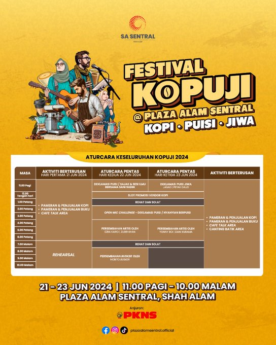 Cddlevi_'s tweet photo. Lagi 3 hari untuk FESTIVAL KOPUJI 😍😍
Antara aturcara majlis yang akan berlangsung nanti:
📅 21-23 Jun 2024 
📍Plaza Alam Sentral,Shah Alam 
⏱️ 11 pagi - 10 malam 
 Boleh register di : https://t.co/PHenXdoyAc 
#KOPUJI #FESTIVALKOPUJI #PLAZAALAMSENTRAL https://t.co/8CkYdD5O34