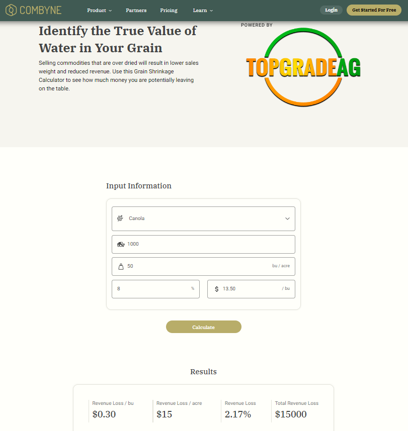 TopGradeAg's tweet image. Storing high-moisture grain for blending will increase farmer's profits! Check out Top Grade Ag’s new online calculator hosted by Combyne Ag to see how much! 🔗welcome.combyne.ag/grain-shrinkag… #CombyneAg