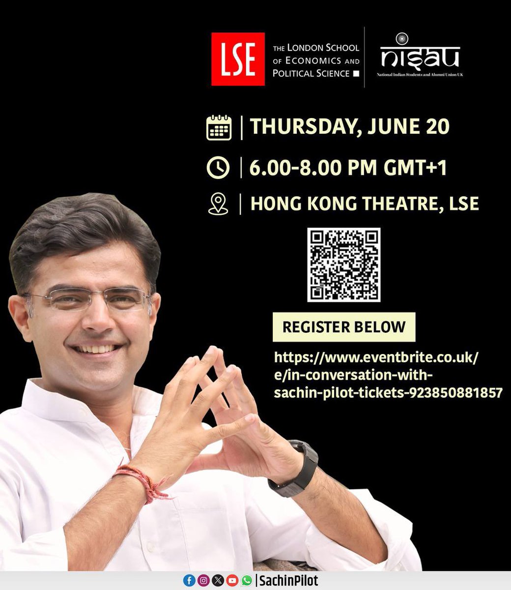 SachinPilot's tweet image. I will be speaking at the discussion hosted by the London School of Economics (LSE). 
Looking forward to an engaging conversation. 

🗓️ Thursday, 20th June
🕕 6.00 PM (GMT+1)
📍Hong Kong Theatre, LSE

The event is open to the public.
For further details, click on the link below:…