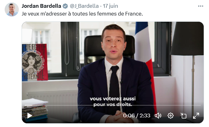 CIDFF_'s tweet photo. Ce lundi, Jordan Bardella a publié une vidéo visant à vanter l'action du Rassemblement national en faveur des droits des femmes.

Le RN, allié des femmes ?

Thread de debunkage ↓ https://t.co/yNofl8U92f
