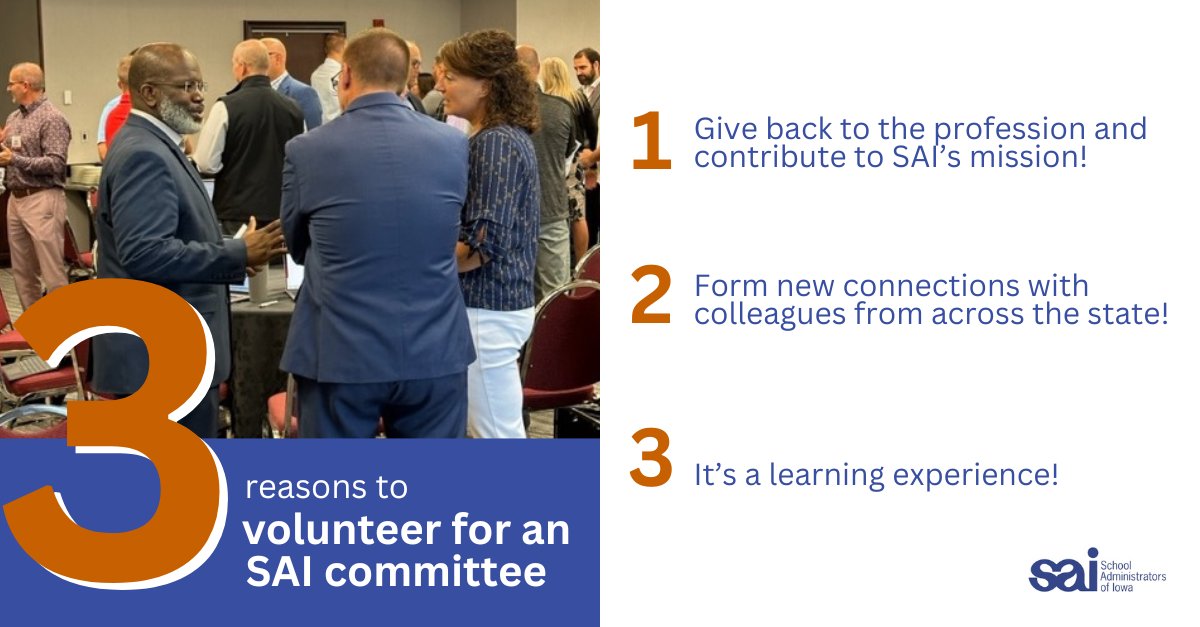 SAI members, your voice matters, and we need your energy on committees!

💡Contribute your ideas and collaborate with colleagues.

💻 Sign up now to shape the association's future and make an impact.

sai-iowa.org/volunteer-for-…