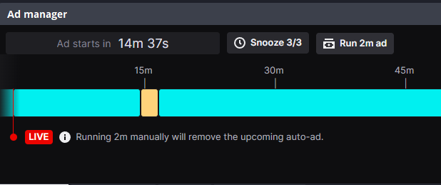 JeffHoogland's tweet image. I see a lot of #Twitch streamers struggle with ad timing so here is my secret to why I've only had ads roll over gameplay a single time by mistake.

During your starting soon screen, manually run an ad as soon as the timer comes up. This will push your next ad out a bit.
