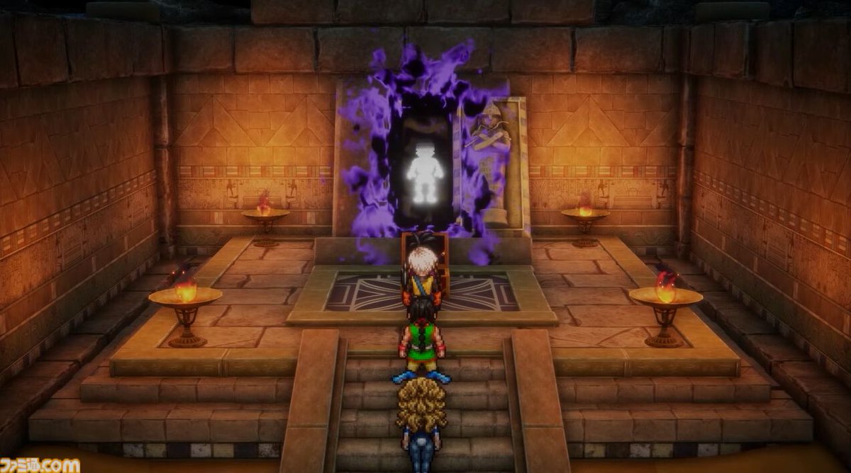 famitsu's tweet photo. リメイク版『ドラゴンクエストIII　そして伝説へ…』発売日が11月14日に発売決定。1～3勇者が勢揃いの描き下ろしイラストも公開【#NintendoDirect】
https://t.co/La5cdxQpe1

美しい街並みや印象的な旅立ちのシーン、SFC版『ドラクエ3』の“性格”を決定する滝のような場所も公開 #DQ3 https://t.co/Yx1C38jTRn