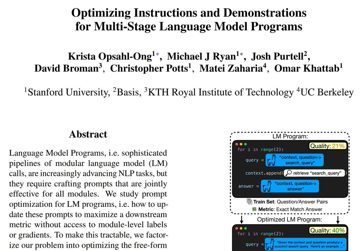 Omar Khattab (@lateinteraction) on Twitter photo 🚨Announcing the largest study focused on *how* to optimize the prompts within LM programs, a key DSPy challenge.
Should we use LMs to… Craft instructions? Self-generate examples? Handle credit assignment? Specify a Bayesian model?
By <a href="/kristahopsalong/">Krista Opsahl-Ong</a>* <a href="/michaelryan207/">Michael Ryan</a>* &team🧵 🚨Announcing the largest study focused on *how* to optimize the prompts within LM programs, a key DSPy challenge.
Should we use LMs to… Craft instructions? Self-generate examples? Handle credit assignment? Specify a Bayesian model?
By <a href="/kristahopsalong/">Krista Opsahl-Ong</a>* <a href="/michaelryan207/">Michael Ryan</a>* &team🧵
