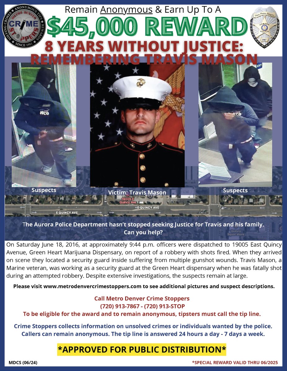 CrimeStoppersCO's tweet photo. 🕊️Remembering Travis Mason🕊️ On 6/8/16, Travis was killed in a attempt robbery at a dispensary in Aurora. 8 years later @AuroraPD still seeks justice! Up to $45,000 reward. Any info helps! 🕵️♂️ 📞 Call 720.913.7867 #SaferAurora #CrimeStoppers #MDCS #CrimeAlert #JusticeForTravis https://t.co/1v8IEHBljG