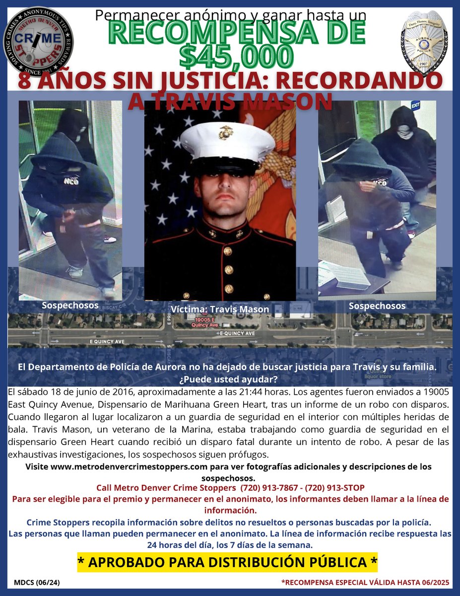 CrimeStoppersCO's tweet photo. 🕊️Remembering Travis Mason🕊️ On 6/8/16, Travis was killed in a attempt robbery at a dispensary in Aurora. 8 years later @AuroraPD still seeks justice! Up to $45,000 reward. Any info helps! 🕵️♂️ 📞 Call 720.913.7867 #SaferAurora #CrimeStoppers #MDCS #CrimeAlert #JusticeForTravis https://t.co/1v8IEHBljG