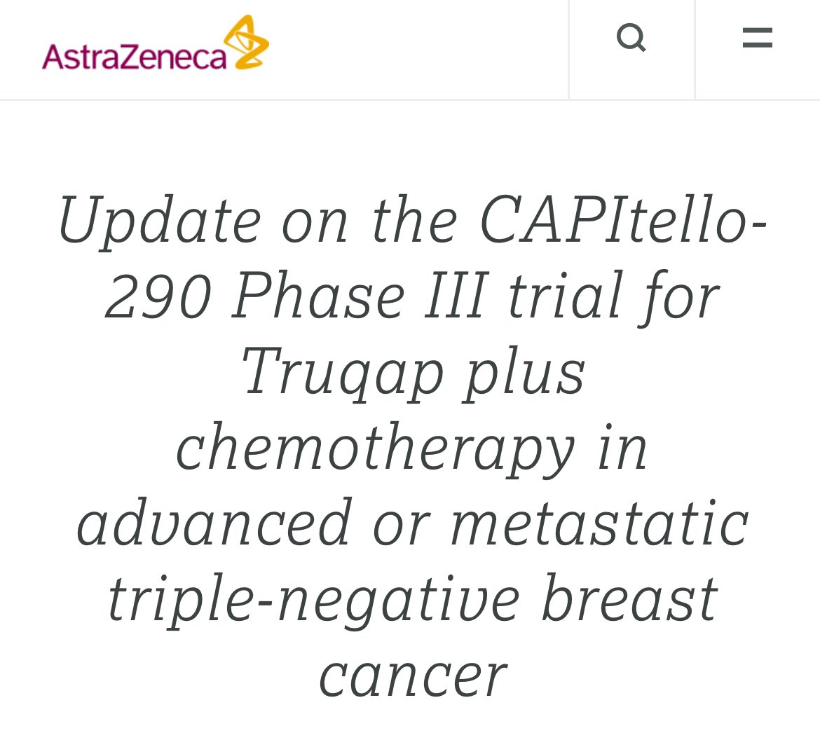 The CAPItello-290 Phase III trial for capivasertib + paclitaxel mTNBC did not meet the dual primary endpoints of improvement in OS vs. pacli + placebo in either the overall population or in pts with PIK3CA, AKT1 or PTEN alterations
<a href="/OncoAlert/">OncoAlert</a> 

astrazeneca.com/media-centre/p…