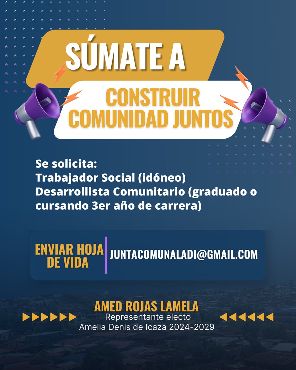 Si eres trabajador social y/o cursas 3er año de lic. de desarrollo comunitario, envía hoja de vida a: JuntaComunalADI@gmail.com, para ser considerado.

Súmate a construir comunidad juntos, coloca tus mejores talentos a disposición.

Aplicaciones abiertas hasta el 21-Jun-24.

🟦🟨