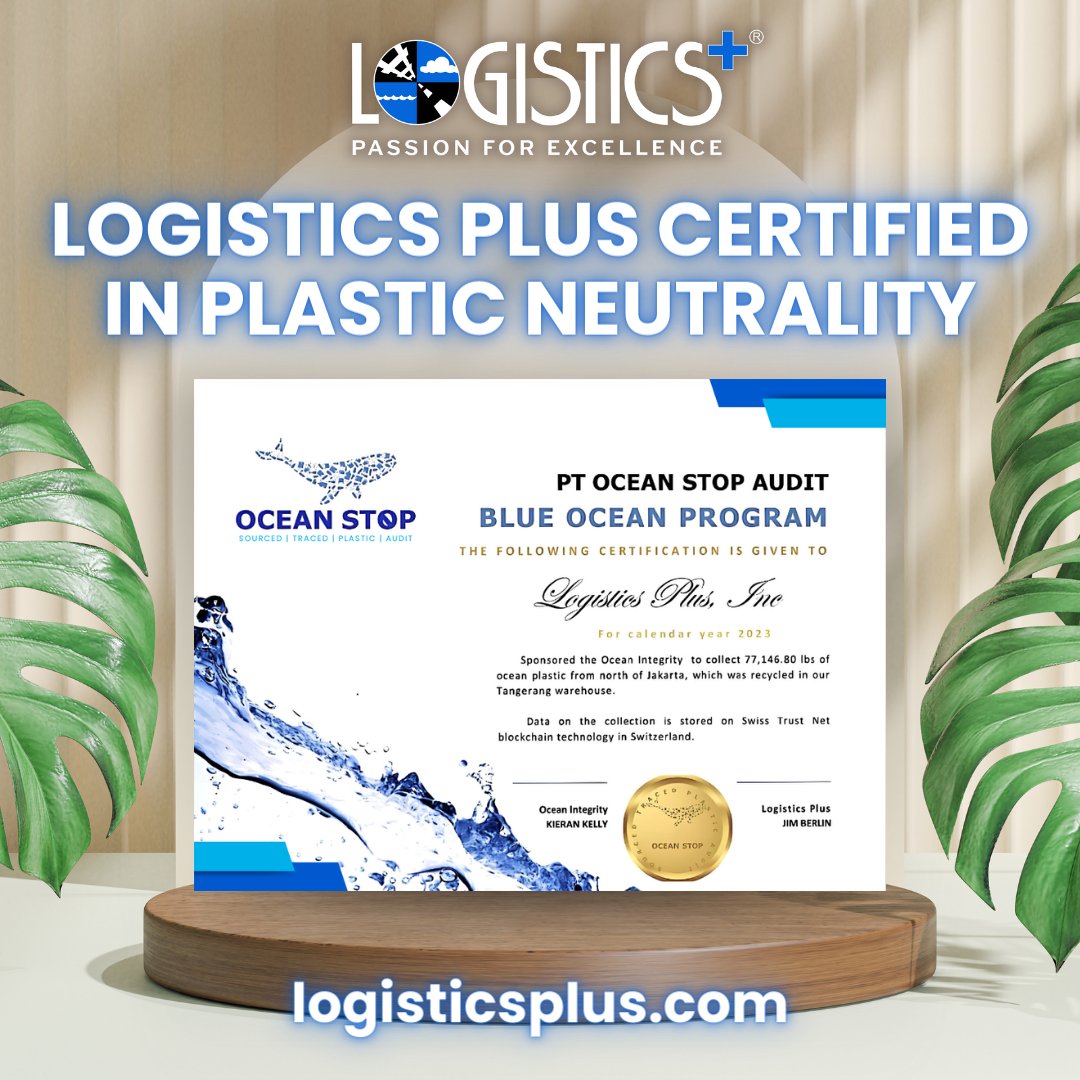 LogisticsPlus's tweet photo. Logistics Plus is proud to announce that it has received the official @IntegrityOcean1 #PlasticNeutrality Certification for 2023 โ a fourth straight year. Read more at https://t.co/sHA6Dwl8az. https://t.co/DSpff8i6fx