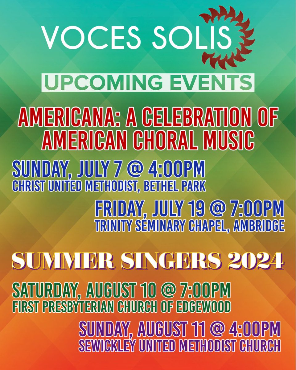 Mark your calendars for upcoming performances of Voces Solis and Summer Singers in July and August! #americana #summersingers #singforyoursummer