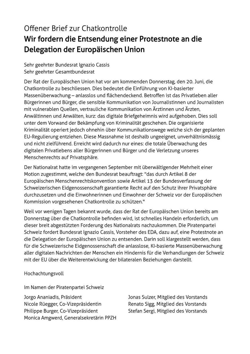 ppsde's tweet photo. Offener Brief zur #Chatkontrolle an @ignaziocassis:

Wir fordern die Entsendung einer Protestnote an die @EUinSwitzerland! https://t.co/Mgh1cDUKIN