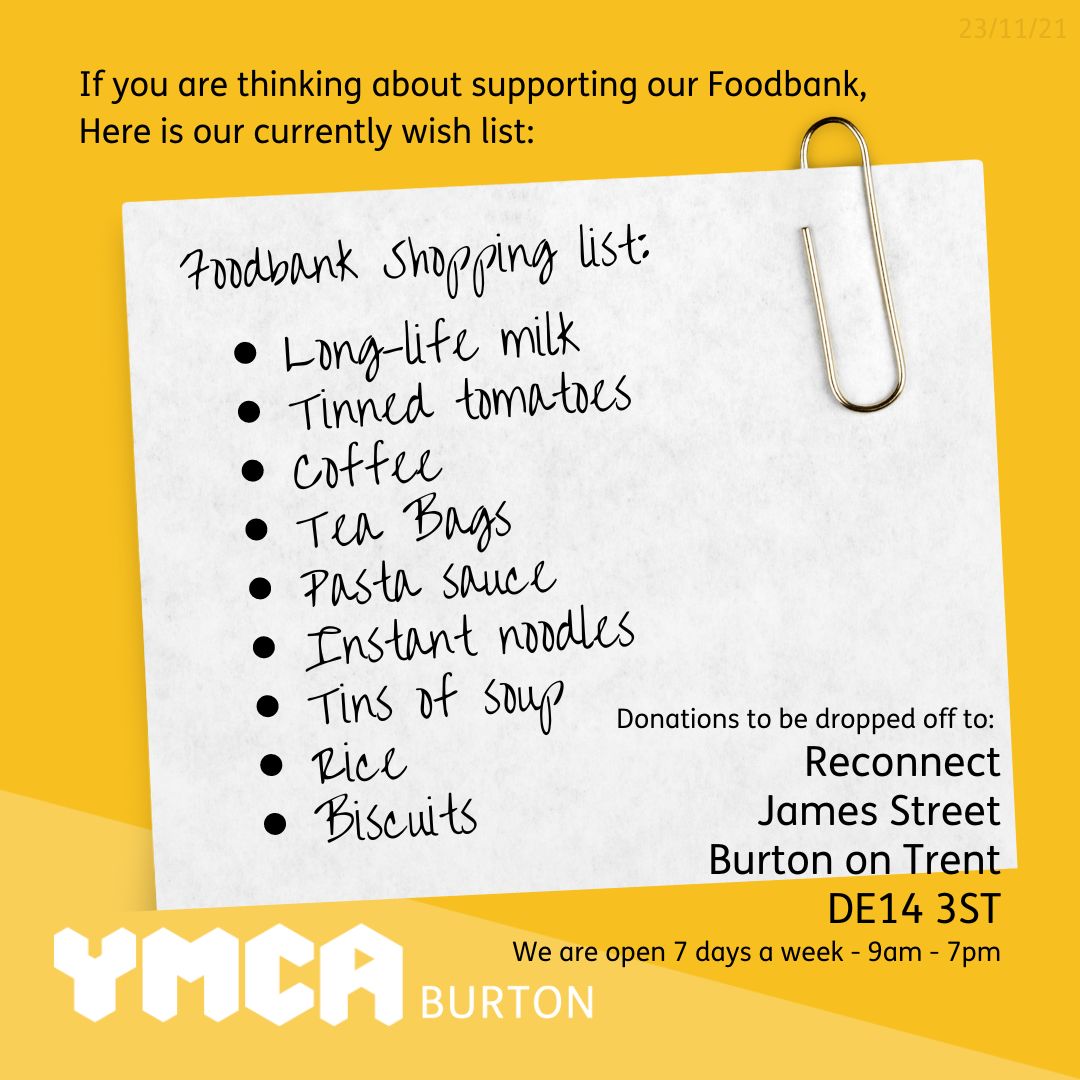 Unfortunately, we still have some restrictions on our foodbank due to very high demand, this means we are currently offering a reduced amount of food to ensure everyone that needs us, can receive help.

#YMCA #YMCABurton #Foodbank