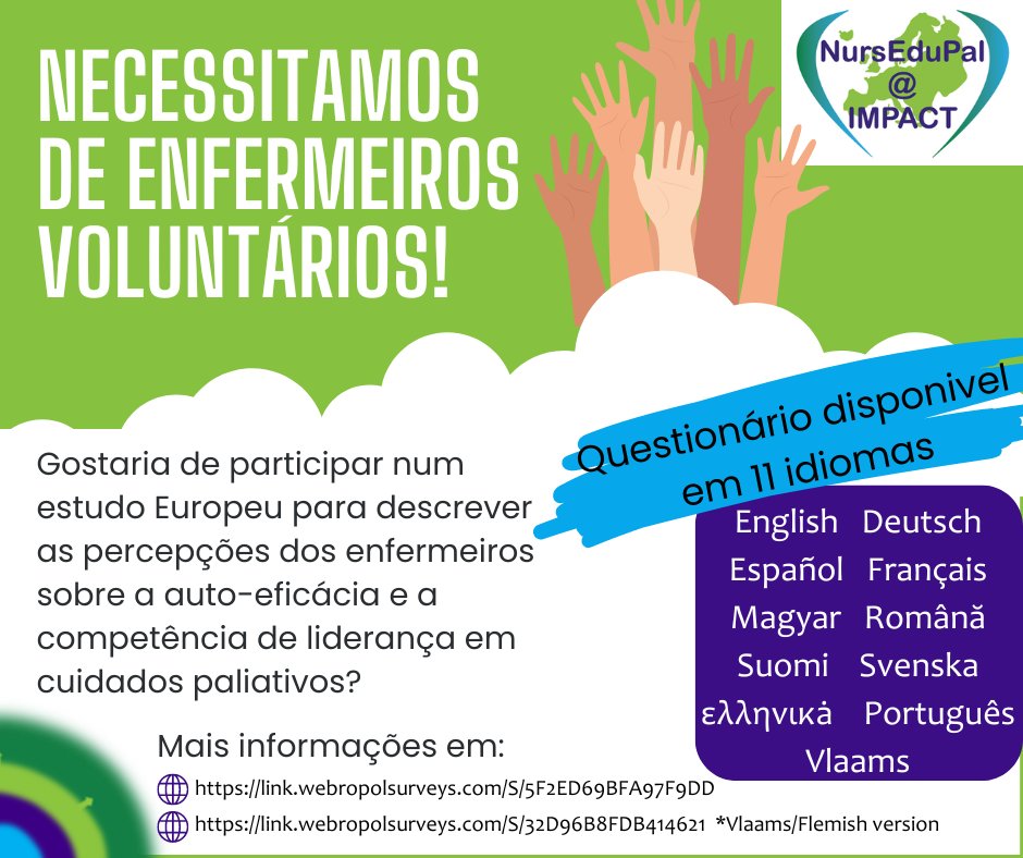 Precisamos da colaboração de enfermeiros/as de Portugal que trabalham em Cuidados Paliativos! Participe neste estudo europeu e responda a este breve questionário lnkd.in/eAjsHg3X
Obrigado!