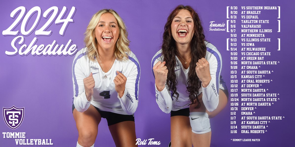Tommievball's tweet photo. Set the stage and mark your calendars

The 2024 Tommie Volleyball schedule is HERE!

🎟️ https://t.co/axMq07tNy2
🗓️ https://t.co/9ozDl6ImRN

#RollToms https://t.co/eDsyOkOoWs