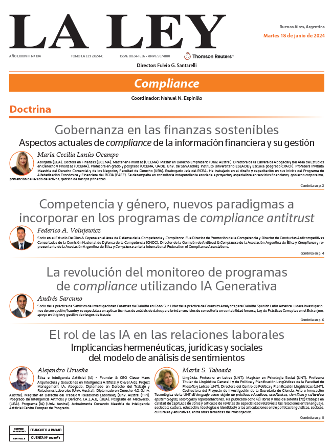 LaLeyRedaccion's tweet photo. 🗞️[𝗛 𝗢 𝗬 en el #DiarioLaLey ] ''𝐂𝐨𝐦𝐩𝐥𝐢𝐚𝐧𝐜𝐞''                    

✍🏻Con las colaboraciones de María Cecilia Lanús Ocampo, Federico A. Volujewicz, Andrés Sarcuno, Alejandro Urueña y María S. Taboada https://t.co/YpBrlMnxsX