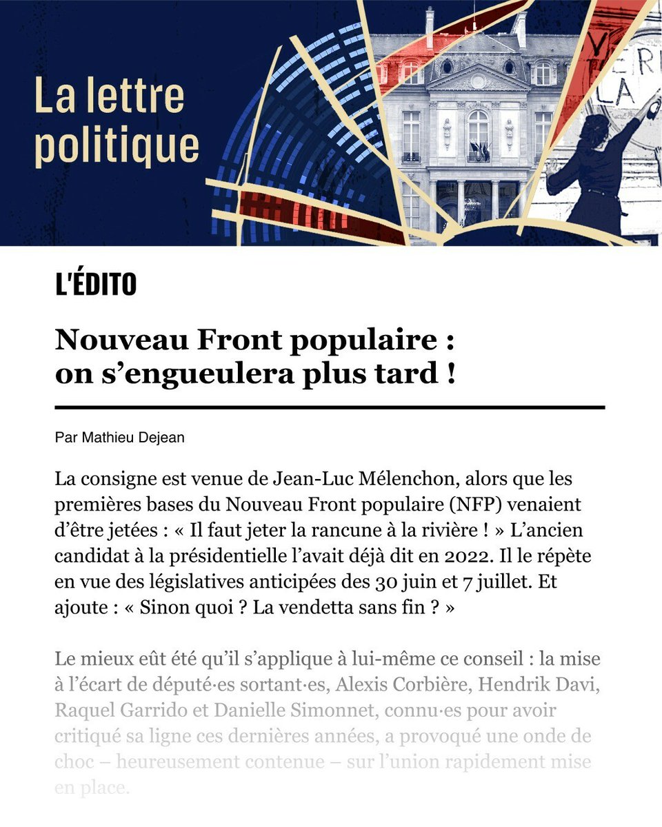 NFP : on s’engueulera plus tard !

📧  « C’est cette mentalité que le peuple de gauche et toutes les minorités visées par l’accession de l’extrême droite au pouvoir attendent des responsables politiques », écrit <a href="/Mathieu2jean/">Mathieu Dejean</a> dans La lettre politique. 👉‍ l.mediapart.fr/8o3