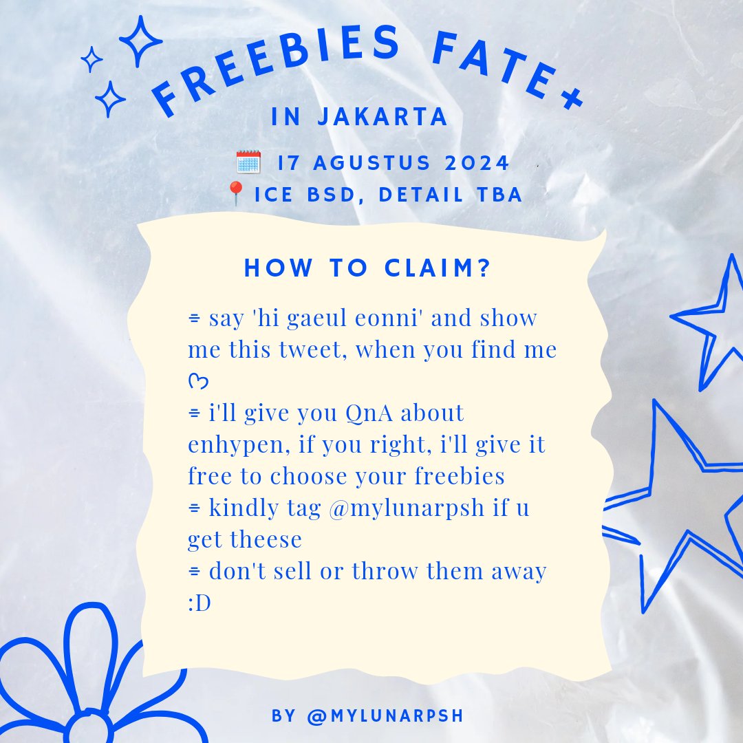 ᯓ★ FREEBIES FATE+ in Jakarta 
         by <a href="/mylunarpsh/">bey 𐙚</a> ౨ৎ

🗓️ 17 Agustus 2024
📍ICE BSD, detail TBA

𖦹 retweet and like this post 
𖦹 open for trade ꒰ᐢ. .ᐢ꒱
𖦹 limited quantity, only provide 100 freebies

𐙚 #FATEPLUS_IN_JAKARTA 💗