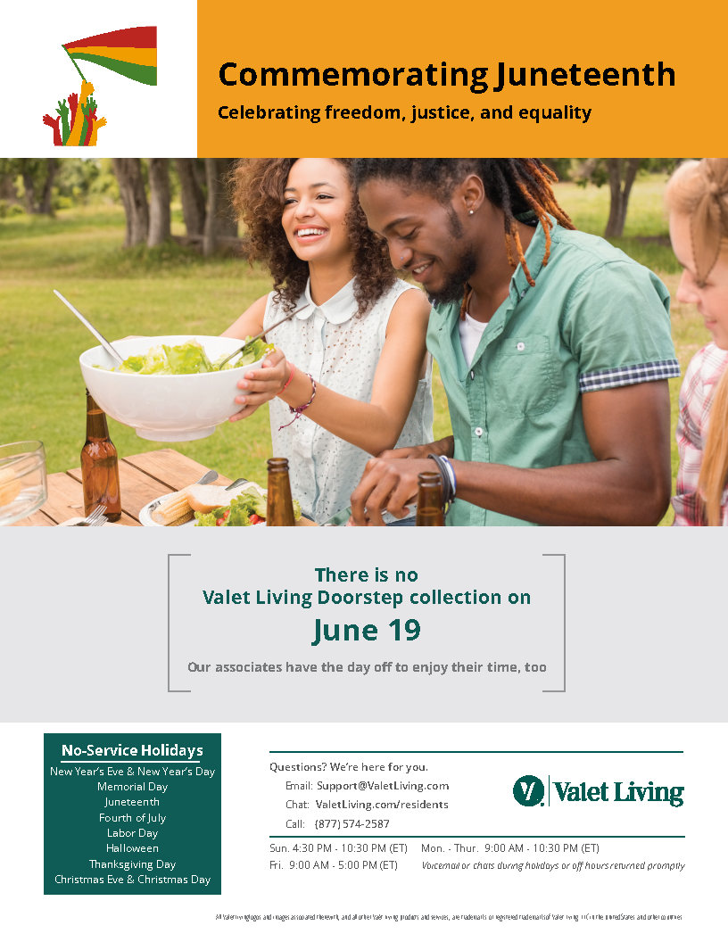 There will be no valet trash pickup tomorrow. Valet Living will be off this Wednesday for Juneteenth. They'll resume service on Thursday June 20th.

#rampartnersllc #thelegacyapts