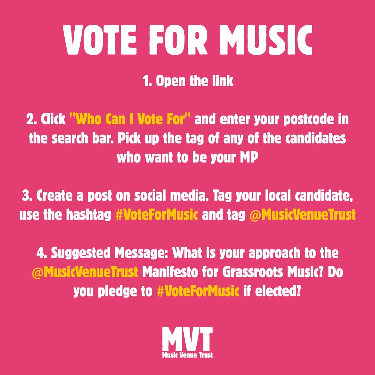 We have made it as simple as we possibly can for you to write to all the local candidates standing for election in your local constituency, asking them to immediately act in the next parliament to support live music.

Step one: whocanivotefor.co.uk