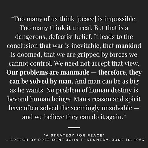 WeThePeople250's tweet photo. It was 61 years ago this month that President John F. Kennedy gave his “A Strategy for Peace” commencement speech at American University. 

It’s as relevant today as it was 61 years ago. @TimRyan https://t.co/VE7eX9R3FP