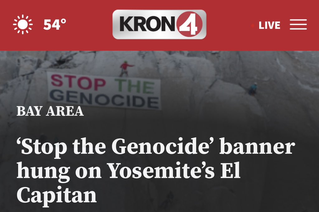 movementphotog's tweet photo. A group calling themselves @ClimbersWithPalestine have hung a banner reading “Stop the Genocide” from El Capitan, the iconic 3,000-ft granite wall in Yosemite National Park. https://t.co/XSo51aBXPJ