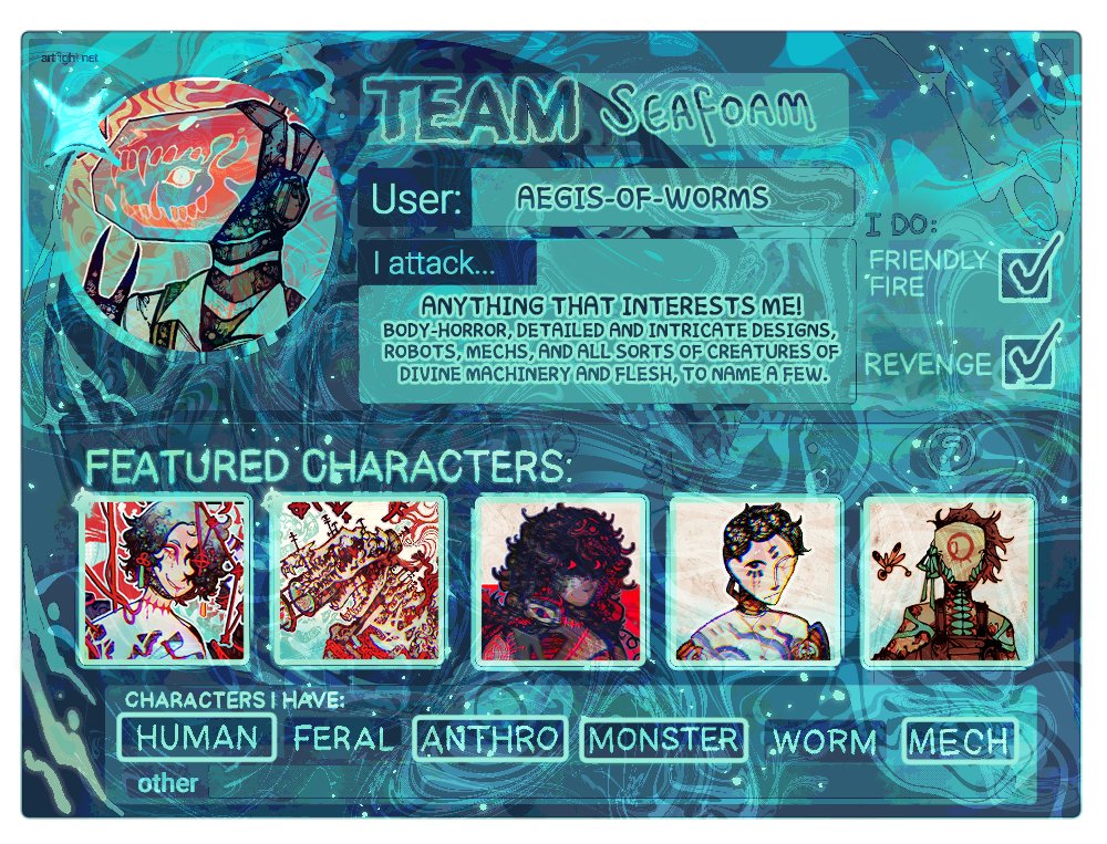 See you on artfight this year! I'm working full time so i have no idea what my output is going to be like but I MUST rep the whalefall adjacent team. 
artfight.net/~Aegis-Of-Worms