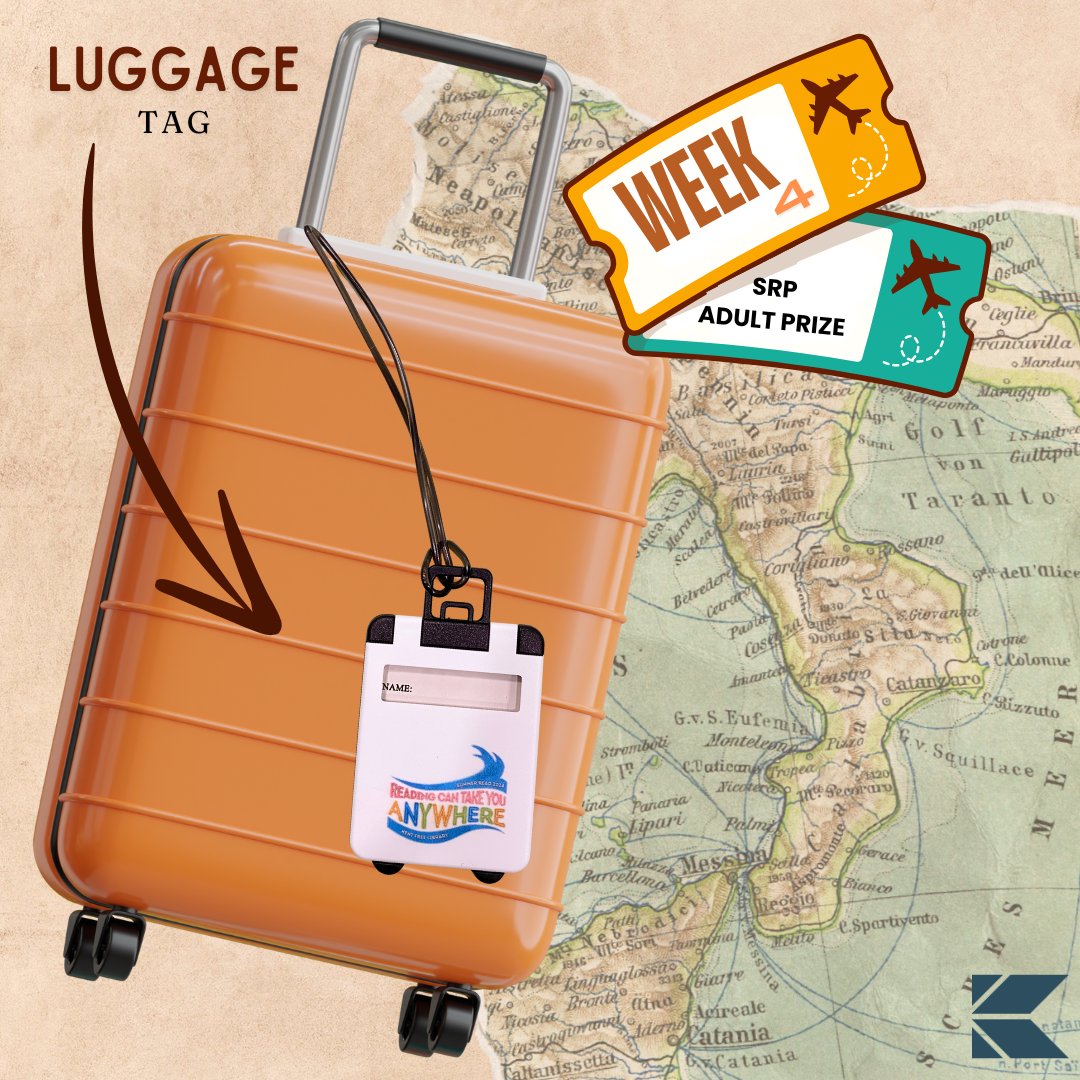 KentFreeLibrary's tweet image. Day 24 of the adult summer reading program brings another prize!  Stop by and grab your luggage tag before you take off on your summer vacation :)  Travel in style and show KFL library pride wherever you go🧳
#KentFreeLibrary