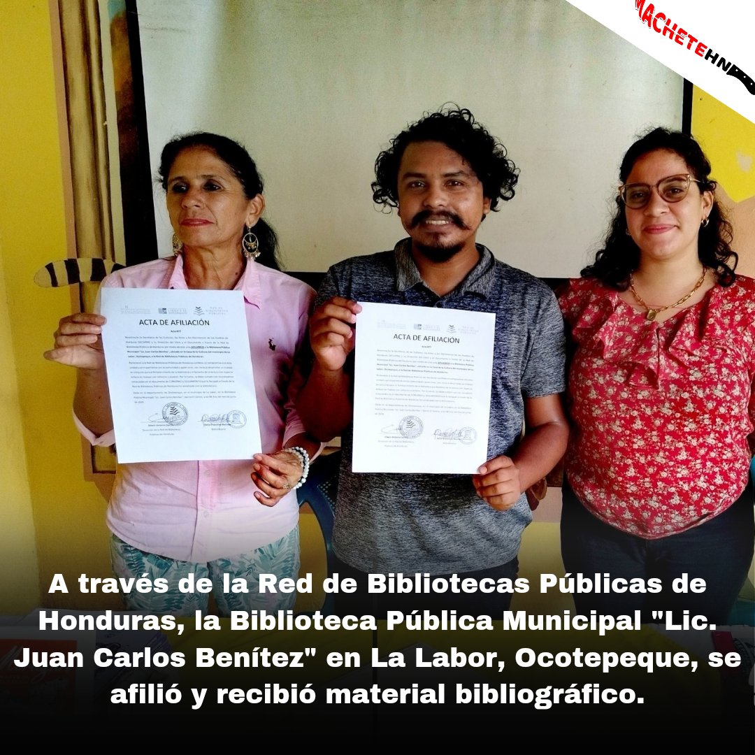 machetehn2009's tweet photo. #SECAPPHLITERATURA🎭🎨A través de la Red de Bibliotecas Públicas de Honduras afilió a la Biblioteca Pública Municipal "Lic. Juan Carlos Benítez", ubicada en el municipio de La Labor, Ocotepeque. Asimismo, cedió material bibliográfico. 📚
#SECAPPH #Literatura #RBPH https://t.co/WEyB5uEGlz