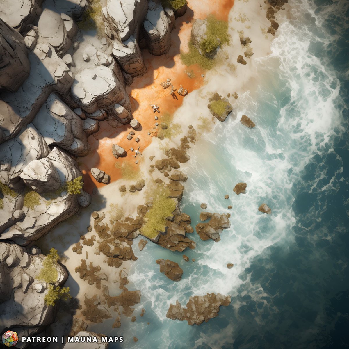 MaunaMaps's tweet photo. Unforgiving cliffs overlook this short beach, and during high tide the beach is gone. You've got to find that damned buried treasure soon, as few survive a night in the cliffs. #ttrpgcommunity #ttrpg #battlemap https://t.co/Jnz54GQvnw