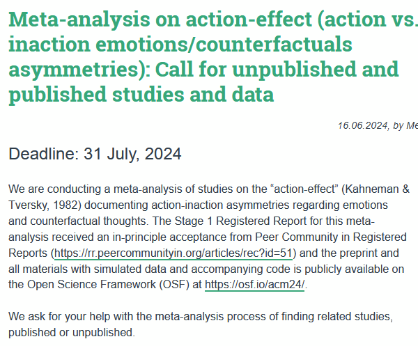 giladfeldman's tweet photo. == Meta-analysis call for unpublished and published studies &amp; data ==

Help @siukityeung_res @AiyerSriraj @ConnorTKeating &amp; I find studies on action-effect (action vs. inaction emotions/counterfactuals asymmetries) for a meta-analysis @RegReports.

Call: https://t.co/l4YrqnSfh7 https://t.co/qiLrg4mEu3