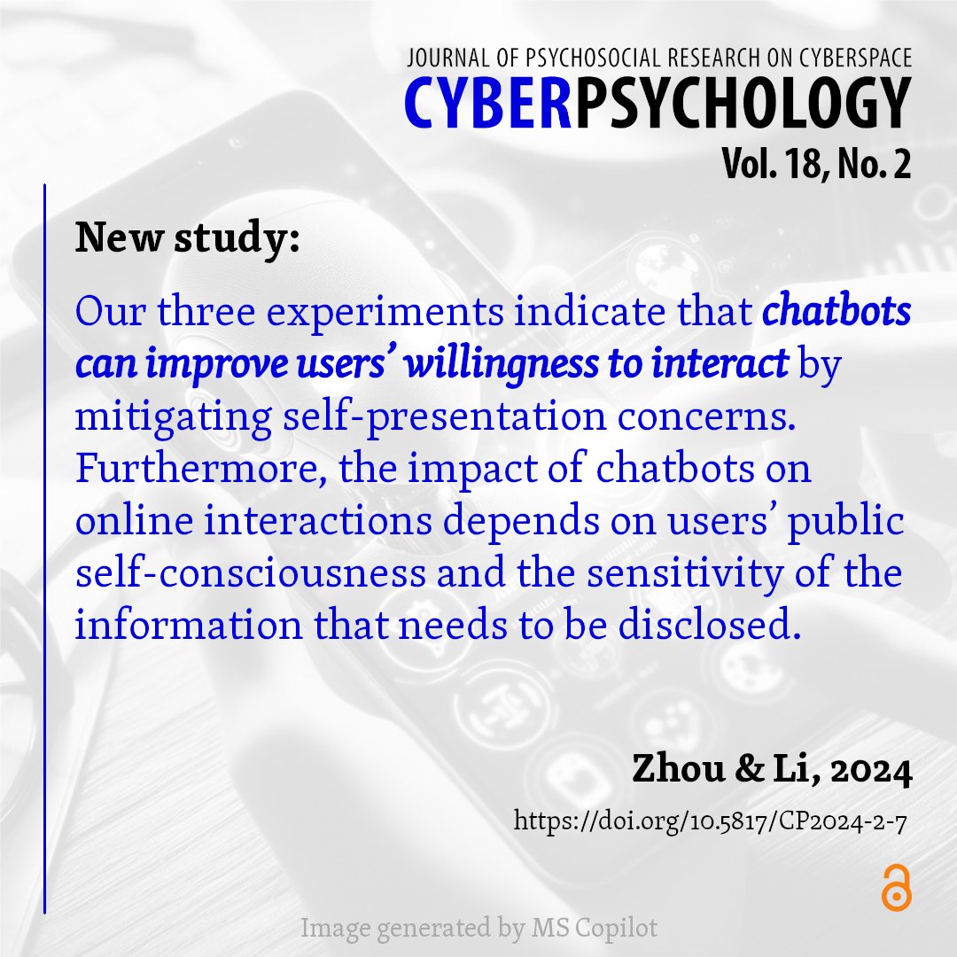Can chatbots make people more willing to interact online? 🤖💬
In three experiments, researchers from <a href="/HuazhongUST/">华中科技大学</a> and <a href="/Tsinghua_China/">Tsinghua University</a> compared online interactions with a chatbot vs. human agents.
📘Read their findings here: doi.org/10.5817/CP2024…
#chatbots #AI #HCI