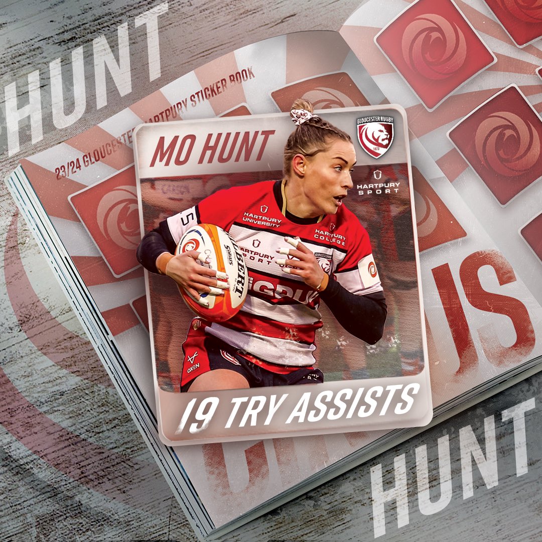 gloshartpury's tweet photo. The Assist Queen 👸 

@huntie_1’s stats are through the roof! She leads the @ThePWR with the highest number of try assists this season.🔥

Stay tuned on our socials this week to watch us add to the sticker book collection… 👀

#GlosHartpury #AllianzPWR https://t.co/1nm0GAwoy4