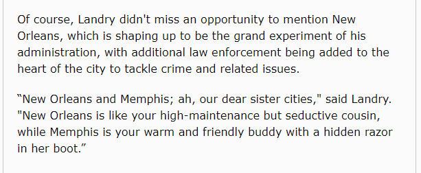 samkarlin's tweet photo. Per @LaPoliticsNow, Jeff Landry riffed on New Orleans (among other things) at a Tennessee GOP event, calling the city "your high-maintenance but seductive cousin." (Read more in the Tracker) https://t.co/blH7N7sqMP