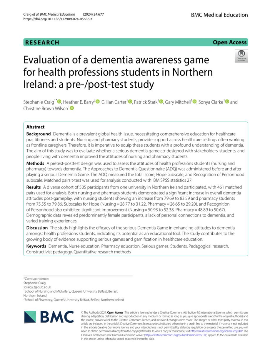 #Evaluation of a #dementia awareness #game for #healthprofessions #students in #NorthernIreland 🎮

Published today <a href="/BMC_series/">BMC Series</a> #BMCMedEduc✏️with <a href="/pharmacyatQUB/">QUB Pharmacy School</a> <a href="/DrHeatherBarry/">Dr Heather Barry</a> &amp; <a href="/QUBSONM/">QUBNursing&Midwifery</a> <a href="/starkresearch1/">Dr Patrick Stark</a>, <a href="/GaryMitchellRN/">Gary Mitchell</a>, <a href="/sonyaclarkeCYP/">Sonya Clarke</a> &amp; <a href="/crbrownwilson/">Christine</a>👇
bmcmededuc.biomedcentral.com/counter/pdf/10…