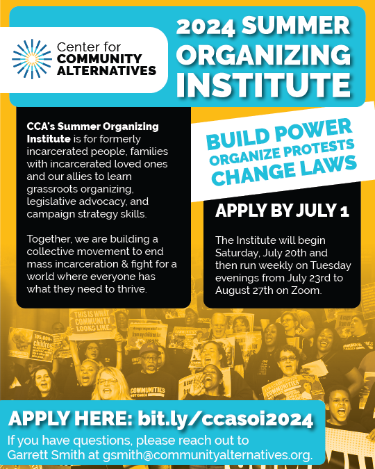 🗓️2 WEEKS LEFT TO APPLY!  Ready to build power, organize protests, mobilize your community, change laws &amp; WIN? <a href="/CCA_NY/">Center for Community Alternatives</a>'s *free* Summer Organizing Institute is for formerly incarcerated people, families with incarcerated loved ones and our allies. Apply: bit.ly/ccasoi2024