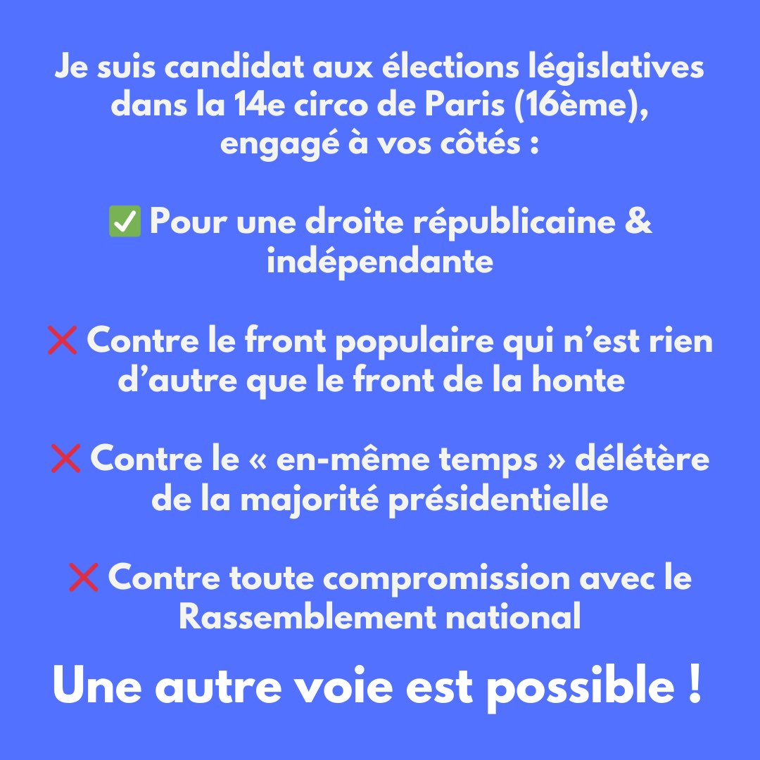 🗳️🇫🇷 PARIS 16
Choisissons la voie de la clarté et de la fidélité à nos engagements &amp; valeurs !
✅ Pour une droite républicaine &amp; indépendante
❌ Contre le front de la honte
❌ Contre le « en-même temps »
❌ Aucune compromission avec le RN
#legislativesanticipée #legislatives2024