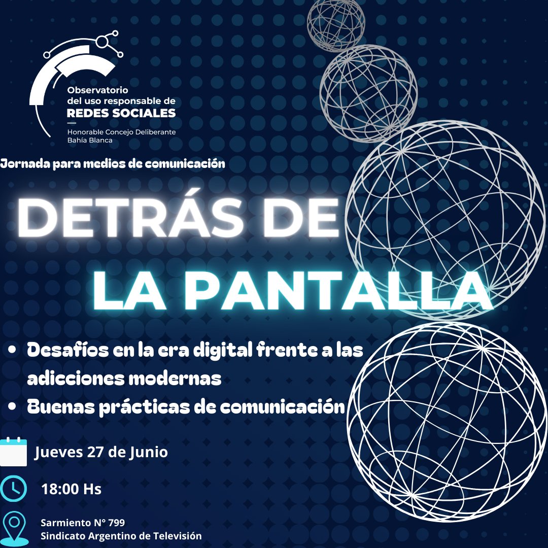 El Observatorio de RRSS del  <a href="/HCD_BahiaBlanca/">HCD Bahía Blanca</a>  invita a participar de la jornada "DETRÁS DE LA PANTALLA", orientada a trabajadores y trabajadoras de los medios de comunicación, a docentes y estudiantes de terciarios y escuelas secundarias con orientación en comunicación.
