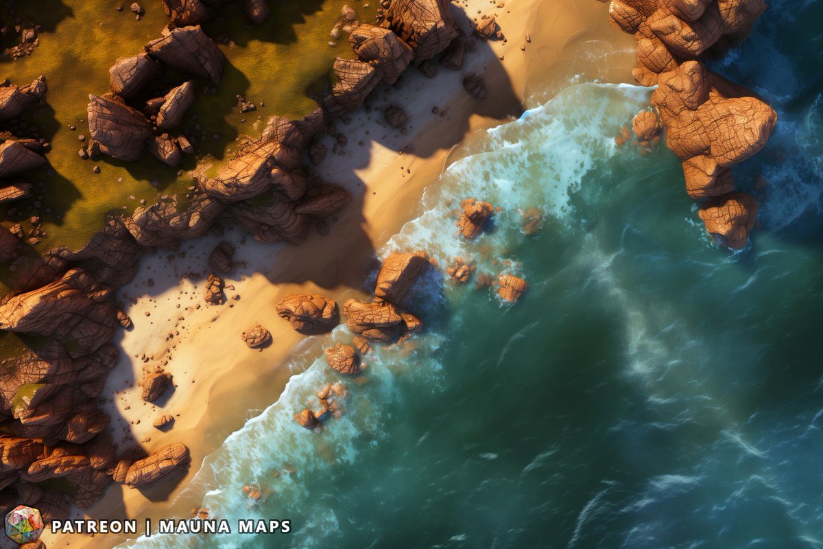 MaunaMaps's tweet photo. As the sun rises over the tranquil beach, casting long shadows across the untouched sands. Though the beach appears empty at first glance, the subtle clues hint at a forgotten ritual or hidden treasure waiting to be uncovered.  #pathfinder #battlemap #ttrpgcommunity https://t.co/MHlBHNZzpQ