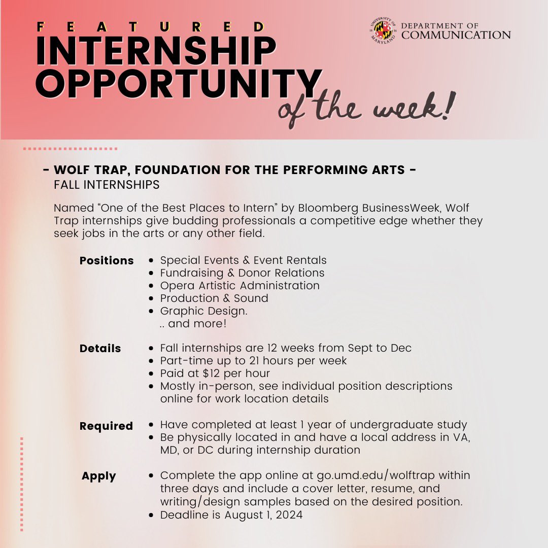 Internship opportunity of the week with Wolf Trap! 💼💪
   go.umd.edu/wolftrap

See this &amp; other opportunities on the COMMLIST listserv &amp; archives on the COMM Advising ELMS page.

Disclaimer: Posting an opportunity does not constitute an employer endorsement by UMD COMM dept.