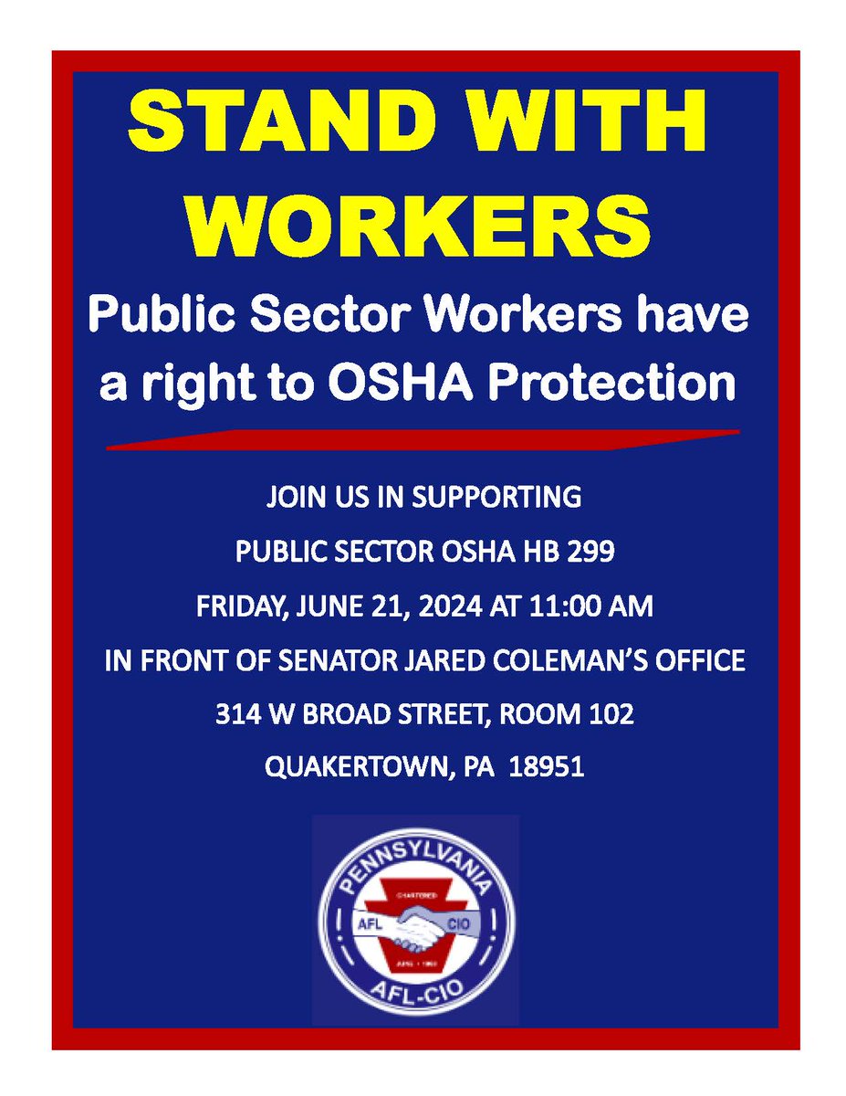 PaAFL_CIO's tweet photo. Join us this Friday at 11am to support public sector OSHA HB 299! All workers deservee to come home safely to their families at the end of the day. #PublicSectorOSHA #PAAFLCIO https://t.co/WgQ2c2xHLD