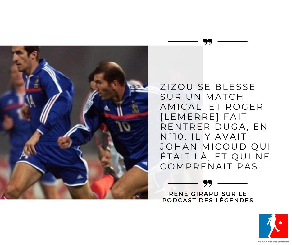 PodcastLegendes's tweet image. René Girard revient sur la Coupe du Monde 2002 et les choix du sélectionneur Roger Lemerre dont il était l'adjoint.
Episode complet:  link.chtbl.com/Girard2

@jomicoud #dugarry #zidane #zizou #rogerlemerre #coupedumonde2002 #podcastdeslegendes @lequipe @lequipedusoir