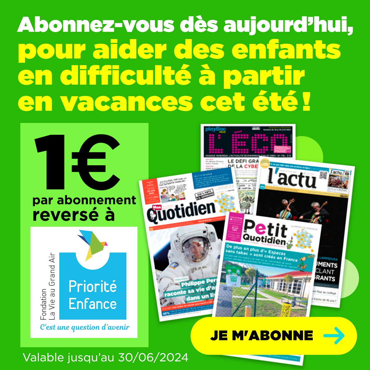 Participez à l’opération partage de PlayBac Presse. En abonnant vos enfants aux journaux mythiques - Le Petit Quotidien, Mon Quotidien, L'Actu ou L'Éco - vous permettez à des Jeunes de la Fondation de partir en séjours vacances ! On compte sur vous : bit.ly/3KPbALh