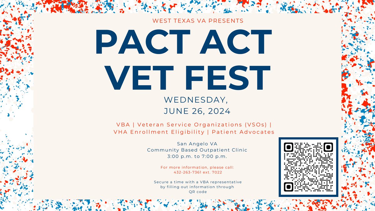 The West Texas VA is holding a community event for veterans and their families on June 26th! It will be from 3-7pm at 4240 Southwest Blvd.

Don't miss it!